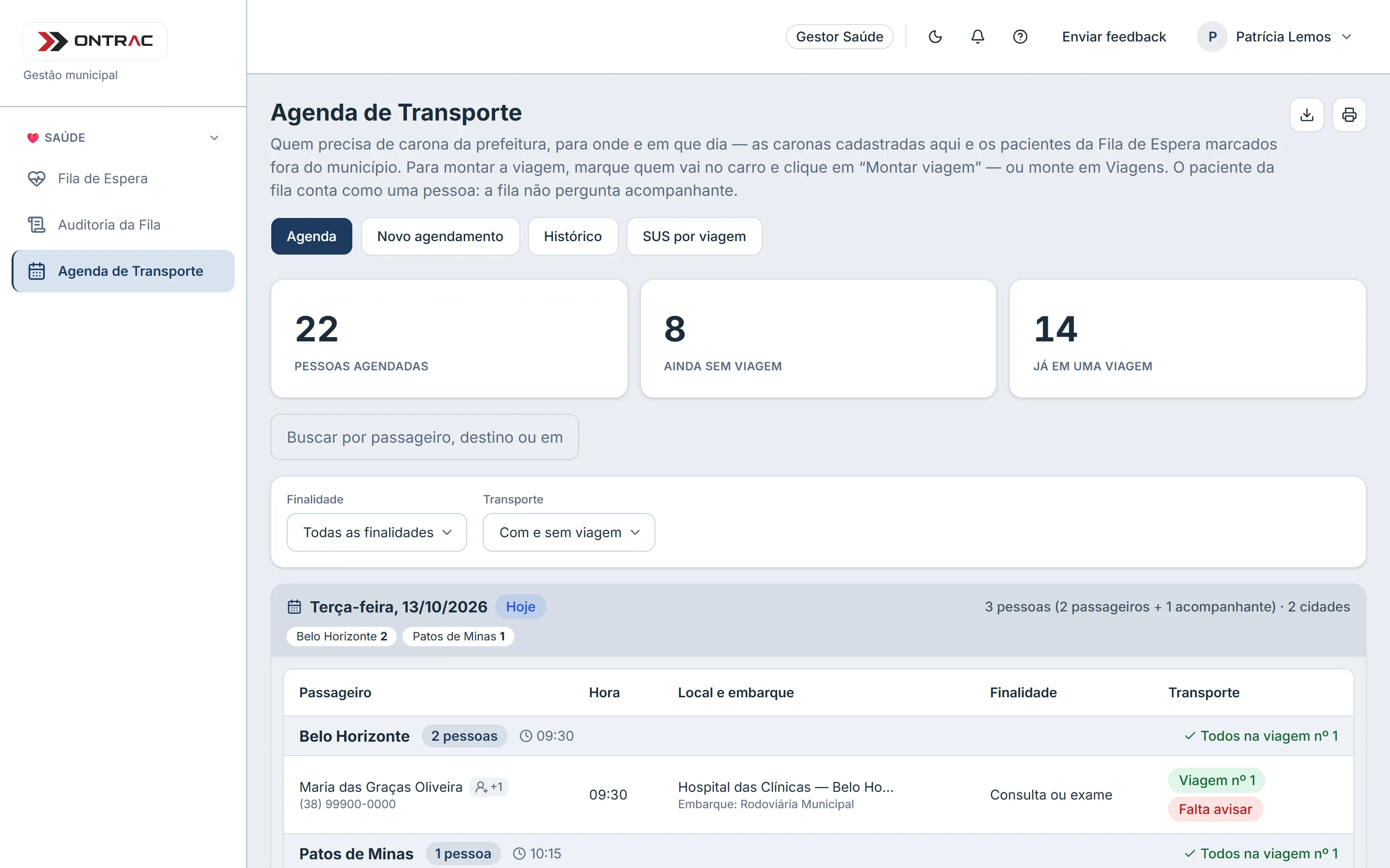 Agenda de Transporte no OnTrac: pessoas agendadas por dia e cidade, quem ainda está sem viagem e quem já está na viagem nº 1
